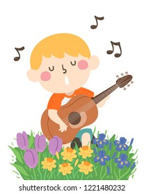 Illustration of a Kid Boy Playing an Acoustic Guitar and Singing a Song in the Garden