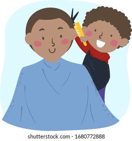 Illustration of a Kid Boy Playing Barber, Holding Scissors and Comb, Cutting Hair of His Father Wearing Hair Cover