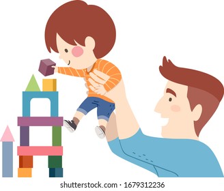Illustration of a Kid Boy Playing with Building Blocks with His Father
