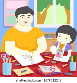 Illustration of a Kid Boy Playing the Exquisite Corpse Game with His Father