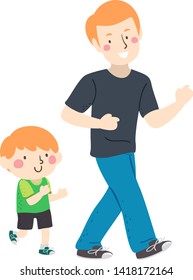 Illustration of a Kid Boy Playing a Game with His Father Following the Way He Walk