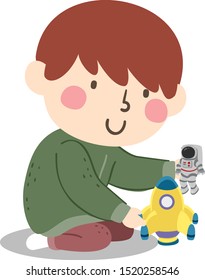 Illustration of a Kid Boy Playing with Space Ship and Astronaut Toys