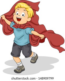 Illustration of a Kid Boy Playing Superhero with Red Cloth Superhero Cape