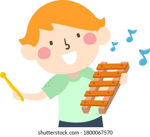 Illustration of a Kid Boy Playing the Xylophone and Holding a Mallet