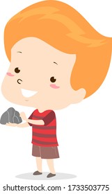Illustration of a Kid Boy Pointing to a Hard Rock He Found