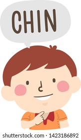 Ilustración de un niño señalando a su mentón y diciendo "Chin" como parte de la serie de piezas de carátulas o cuerpos de nombres