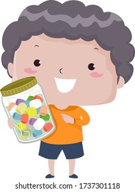 Illustration of a Kid Boy Pointing to Many Marshmallows Inside the Jar