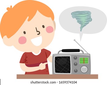 Illustration Of A Kid Boy Pointing To The Radio And Listening About Tornado Warning