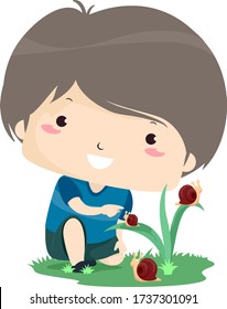 Illustration of a Kid Boy Pointing to a Small Snail in the Garden
