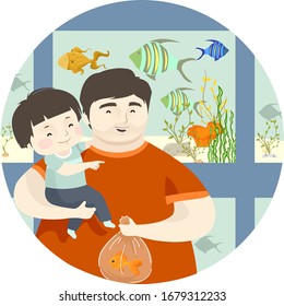 Illustration of a Kid Boy Pointing to Something to His Father from Inside a Fish Store