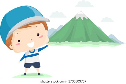 Illustration of a Kid Boy Pointing to the Top of the Mountain