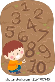 Illustration of Kid Boy Pointing and Tracking Mud Prints with Numbers One to Ten