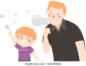 Illustration of a Kid Boy Popping and Playing Bubbles while His Dad Holding Bubble Wand and Blowing It