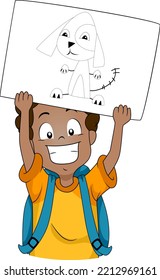 Illustration Of Kid Boy Preschool Student Carrying Backpack With Hands Up Holding His Pet Dog Drawing