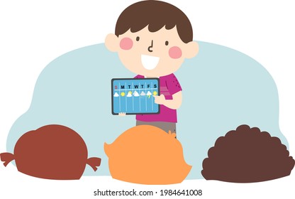 Illustration of a Kid Boy Presenting a Computer Tablet Showing Weather App for the Week