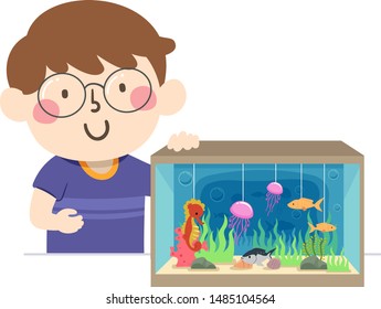 Illustration of a Kid Boy Presenting an Ocean Diorama with Marine Animals