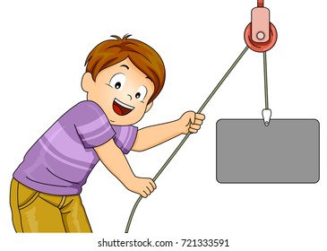 Illustration of a Kid Boy Pulling a Pulley to Demonstrate a Simple Machine in Physics