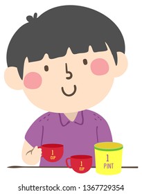 Illustration of a Kid Boy Putting Two Cups on the Table That Equal to One Pint