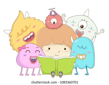 Illustration of a Kid Boy Reading a Book and Being Surrounded by Monster Mascots