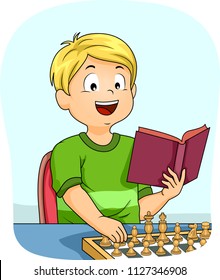 Illustration of a Kid Boy Reading a Book and Practicing Chess Moves