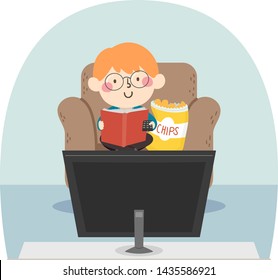 Illustration of a Kid Boy Reading a Book and Studying While Watching TV and Eating Chips