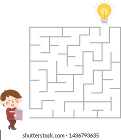 Illustration of a Kid Boy Reading a Book and Going Through a Maze to Get to the Light Bulb for New Idea