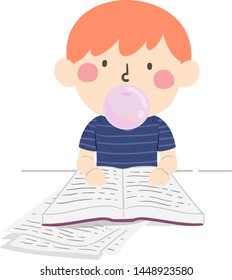 Illustration of a Kid Boy Reading a Book and Studying While Chewing Bubble Gum
