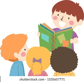 Illustration of a Kid Boy Reading a Book He Made to His Friends