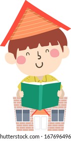 Illustration of a Kid Boy Reading a Book From Inside His Home for Homeschooling