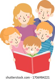 Illustration of a Kid Boy Reading a Book Out Loud with Siblings and Parents Looking Behind