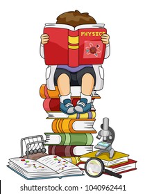 Illustration of a Kid Boy Reading a Physics Book among Several Other Books, Microscope and Magnifying Glass