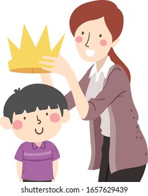 Illustration of a Kid Boy Receiving a Paper Crown From His Teacher for a Play