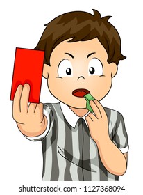 Illustration of a Kid Boy Referee Blowing a Whistle and Holding a Red Card