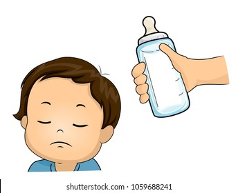 Ilustração de um garoto recusando uma garrafa de leite de bebê