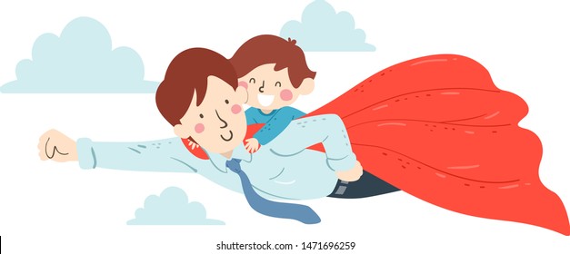 Illustration of a Kid Boy Riding at the Back of His Superhero Father Flying in the Sky