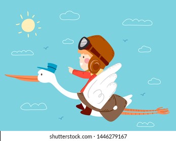 Illustration of a Kid Boy Riding on a Stork Postman Carrying a Bag of Mails Flying in the Sky