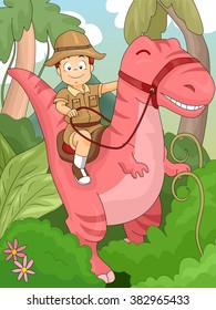 Illustration of a Kid Boy Riding on a Dinosaur for Adventure