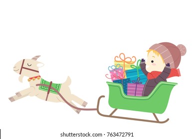 Illustration of a Kid Boy Riding a Sleigh Full of Gifts Pulled by a Yule Goat