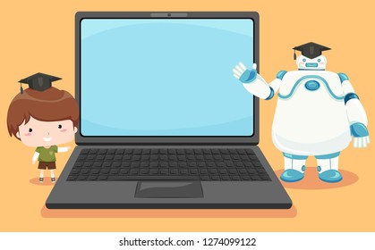 Illustration of a Kid Boy and a Robot Wearing Graduation Hat Standing Beside a Laptop