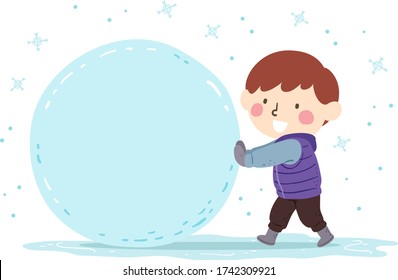 Ilustración de un niño jugando una gran bola de nieve con nieve cayendo fuera