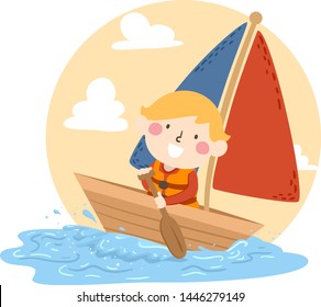 Illustration of a Kid Boy Rowing Boat Oars and Sailing in the Seas