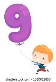 Illustration of a Kid Boy Running with a Balloon Shaped as Number Nine