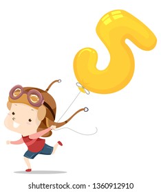 Illustration of a Kid Boy Running with a Balloon Number Five