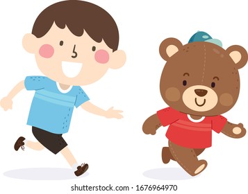 Illustration of a Kid Boy Running with His Imaginary Friend, a Teddy Bear Stuffed Toy