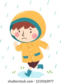Illustration of a Kid Boy Running Under the Rain Wearing Raincoat and Boots Looking Sad