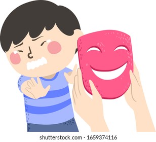 Illustration of a Kid Boy Saying No and Being Scared of Wearing a Mask