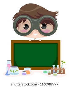 Illustration of a Kid Boy Scientist Holding a Blank Blackboard with Chemistry Glassware and Specimens