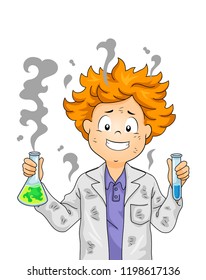 Illustration of a Kid Boy Scientist Holding Test Tube and Flask, Covered and Smoke But Still Smiling from a Failed Experiment