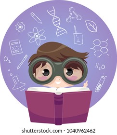 Illustration of a Kid Boy Scientist with an Open Book with Different Chemistry Elements