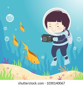 Illustration of a Kid Boy Scuba Diving and Taking Photos of Fish Underwater